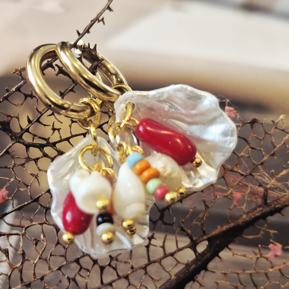 18k Gold Plated Stainless Earrings  Red Coral Freshwater Pearl Natual Shell - Picture 4 of 7